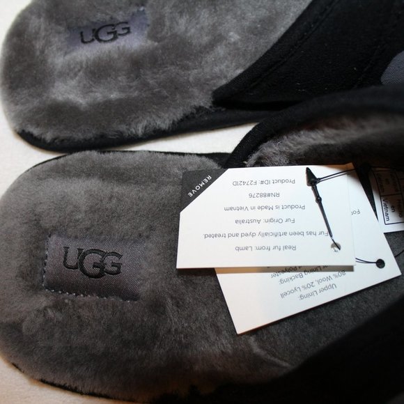 NIB UGG MEN\'S LOGO BLACK GRAY SLIP‎ ON SCUFF SLIPPERS